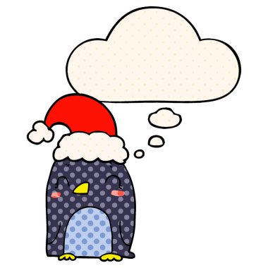 sevimli noel penguen ve çizgi roman tarzında kabarcık düşünce