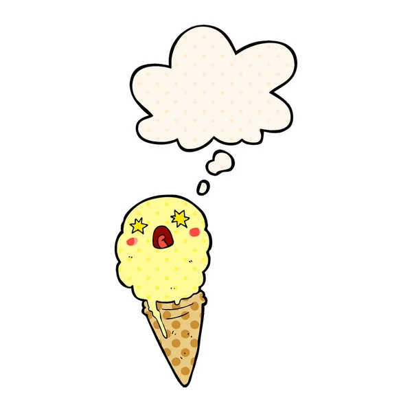 Dessin animé crème glacée choquée et bulle de pensée dans le style de bande dessinée — Image vectorielle