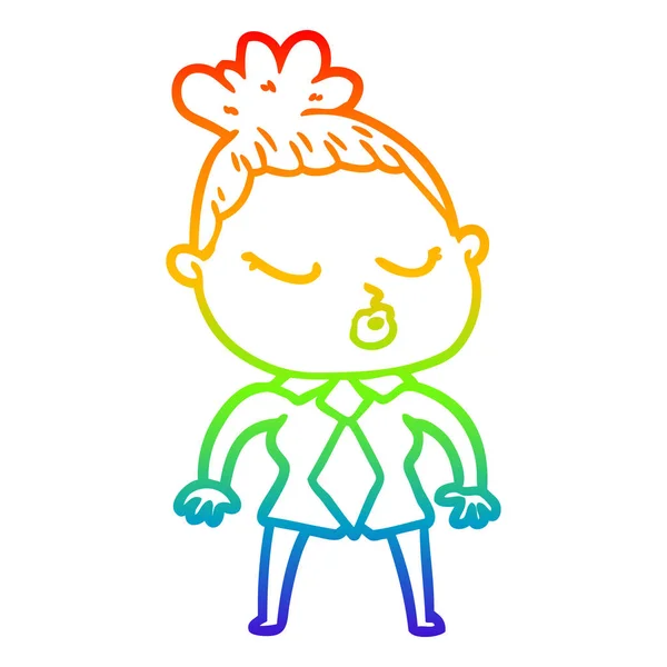 Arco iris gradiente línea dibujo dibujos animados mujer tranquila — Vector de stock