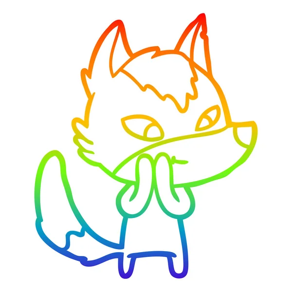 Rainbow gradient line drawing friendly cartoon wolf — Stock Vector