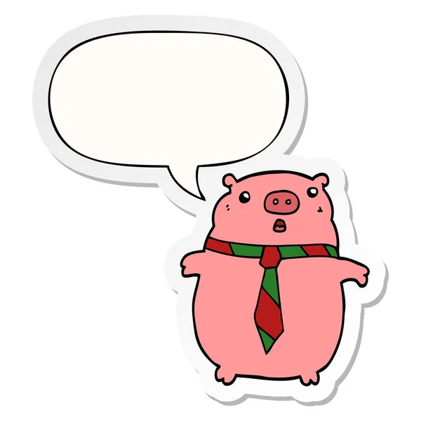 Cochon dessin animé portant cravate de bureau et autocollant bulle de parole — Image vectorielle