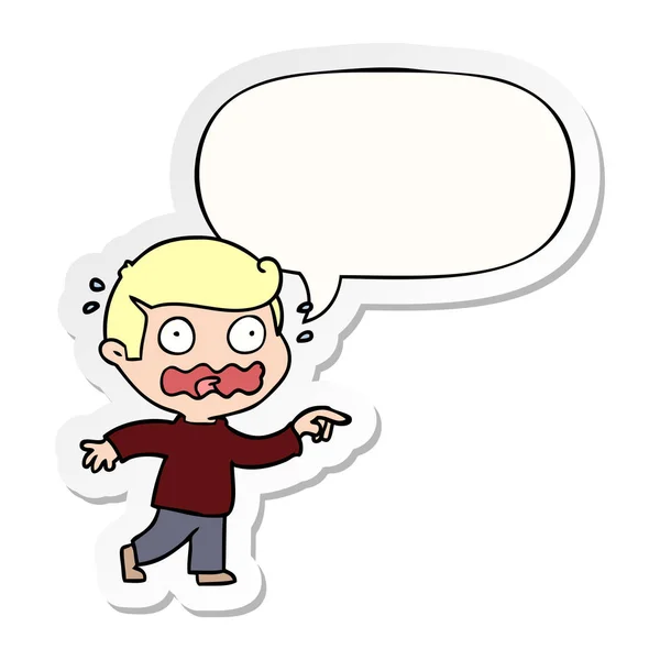 Cartoon stressed out pointing and speech bubble sticker — Stock Vector