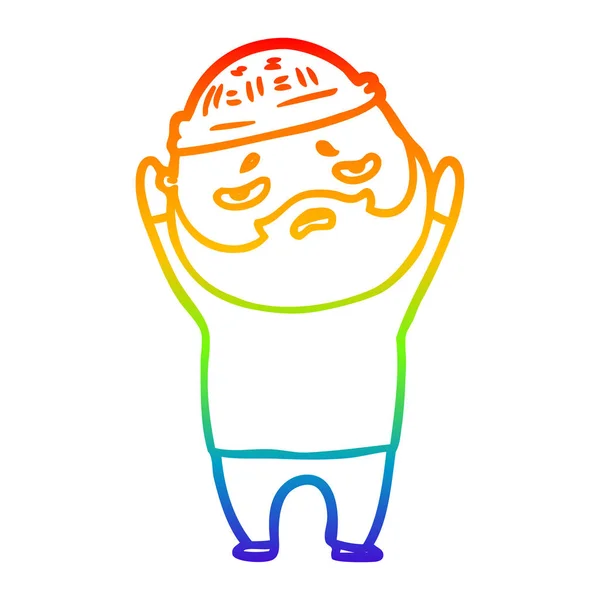 Arco iris gradiente línea dibujo dibujos animados preocupado hombre con barba — Vector de stock