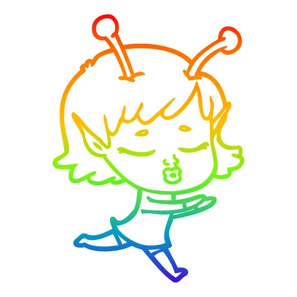 Regenbogen Gradienten Linie Zeichnung Cartoon Alien Mädchen — Stockvektor