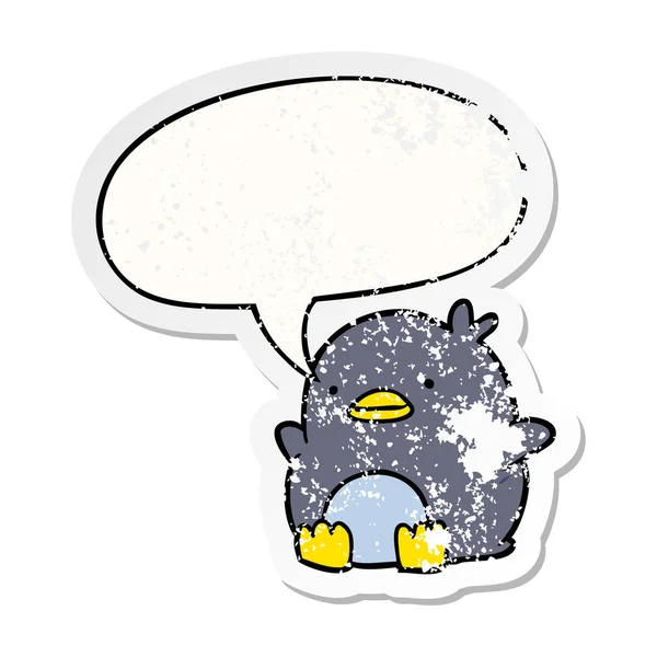 Drăguț desen animat pinguin și bule de vorbire autocolant tulburat — Vector de stoc