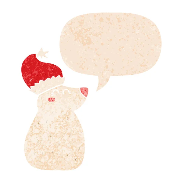 Urso dos desenhos animados usando chapéu de Natal e bolha de fala em retro te —  Vetores de Stock