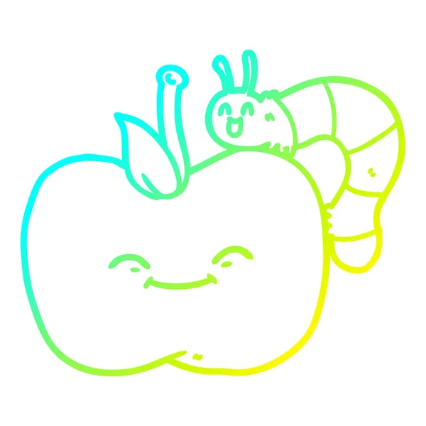 Línea de gradiente frío dibujo de dibujos animados manzana e insecto — Vector de stock