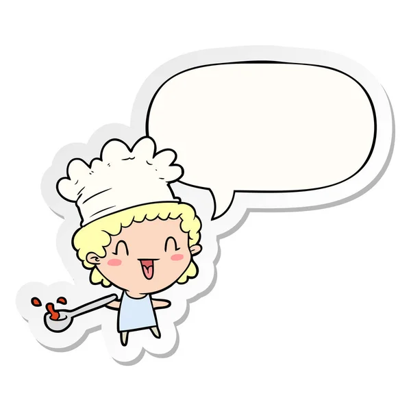 Cute cartoon happy chef and speech bubble sticker — Stock Vector