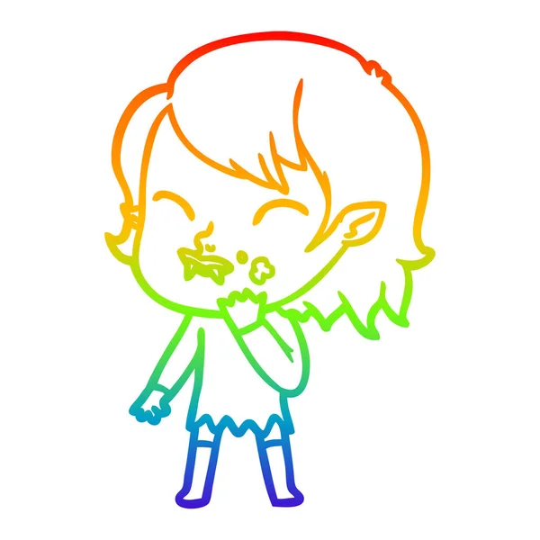 Rainbow Gradient Line Zeichnung Cartoon Vampir Mädchen mit Blut auf — Stockvektor