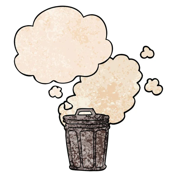 Desenho animado lata de lixo fedorento e bolha de pensamento na textura grunge —  Vetores de Stock