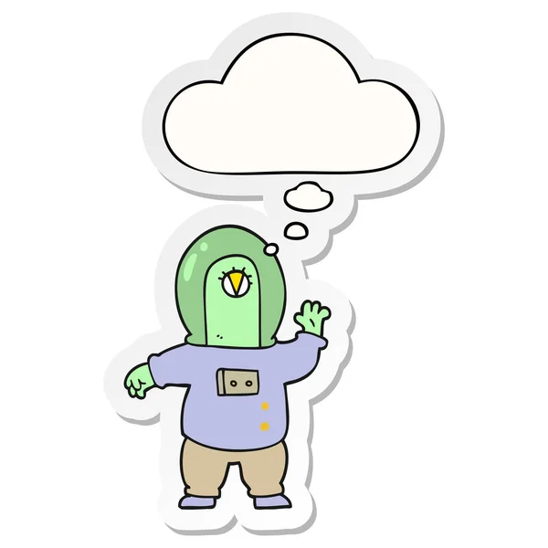 Cartoon space alien and thought bubble as a printed sticker — Stock Vector