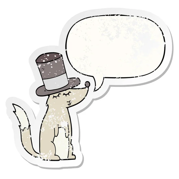 Cartoon Wolf fluiten dragen van de hoge hoed en toespraak bubble distres — Stockvector