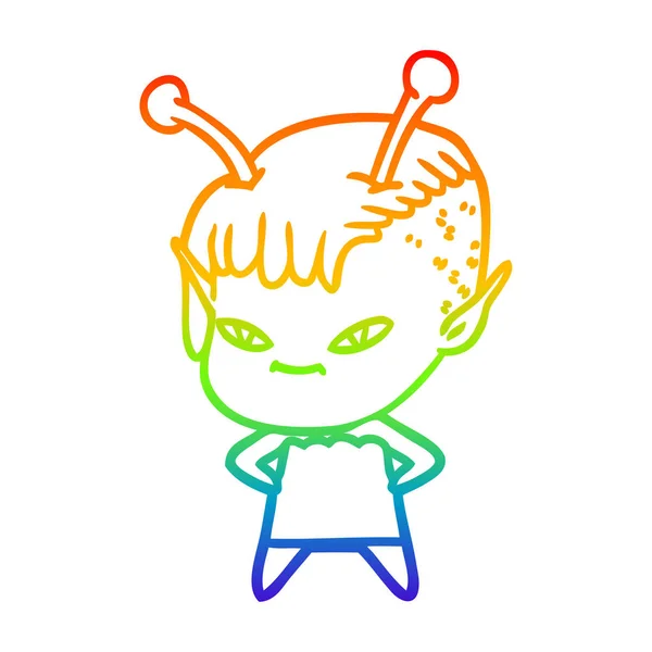 Rainbow gradient ligne dessin mignon dessin animé alien fille — Image vectorielle