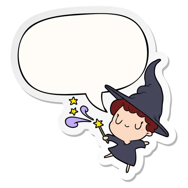 Cute cartoon witch casting spell and speech bubble sticker — Stock Vector