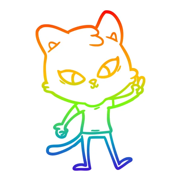 Rainbow gradient linje ritning söt tecknad katt — Stock vektor