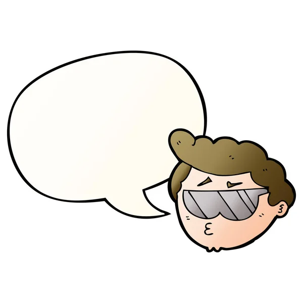 Düzgün gradi güneş gözlüğü ve konuşma balonu giyen karikatür çocuk — Stok Vektör