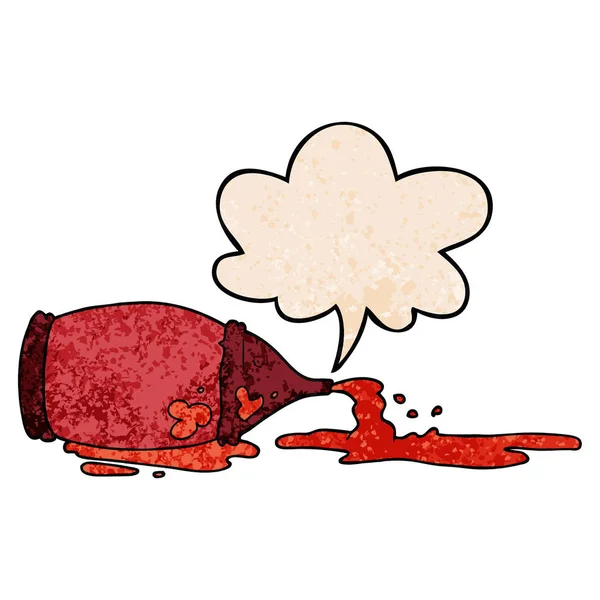 Desenho animado derramado ketchup garrafa e bolha de fala em retro textur — Vetor de Stock