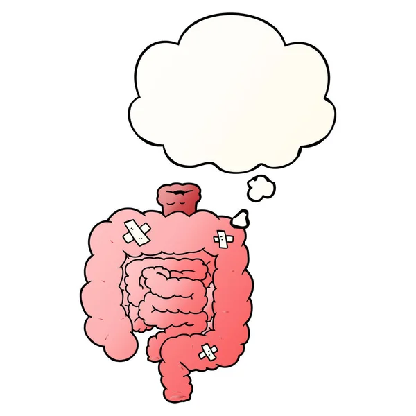 Dibujos animados intestinos reparados y burbuja de pensamiento en gradien suave — Vector de stock