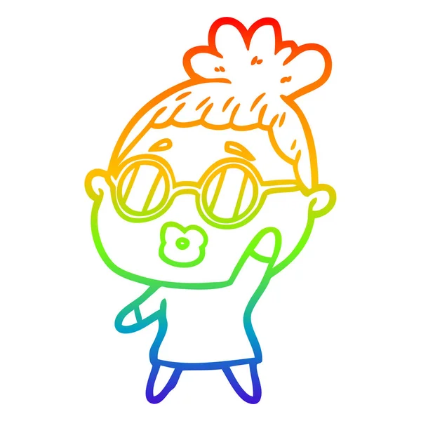 Arco iris gradiente línea dibujo dibujos animados mujer usando gafas — Vector de stock