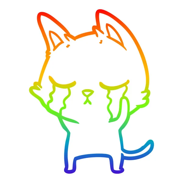 Regenbogen-Gradienten-Linie zeichnet weinende Karikatur-Katze — Stockvektor