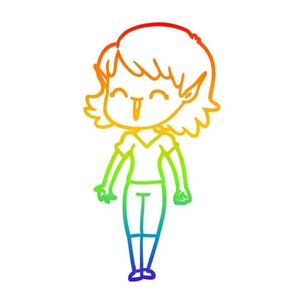 Arco iris gradiente línea dibujo dibujos animados elfo chica — Vector de stock