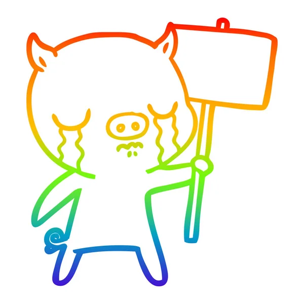 Regenbogen-Gradientenlinie Zeichnung Karikatur weinendes Schwein mit Wegweiser — Stockvektor