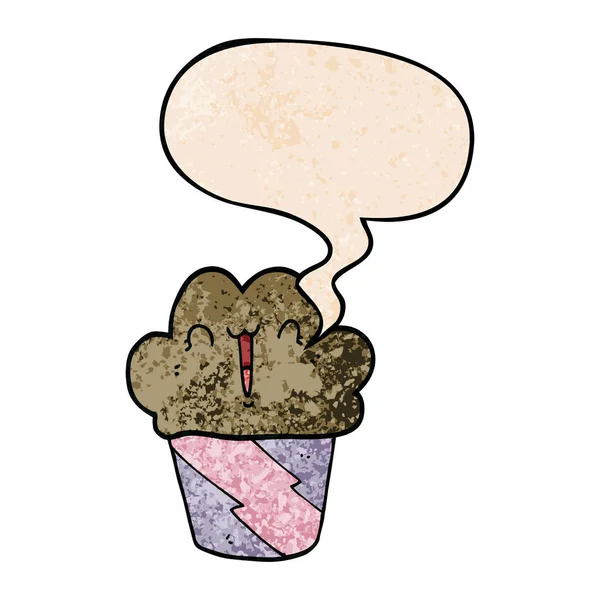 Cupcake de dibujos animados y burbuja de la cara y el habla en estilo de textura retro — Vector de stock