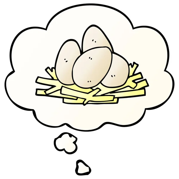 Huevos de dibujos animados en el nido y la burbuja de pensamiento en estilo gradiente suave — Vector de stock