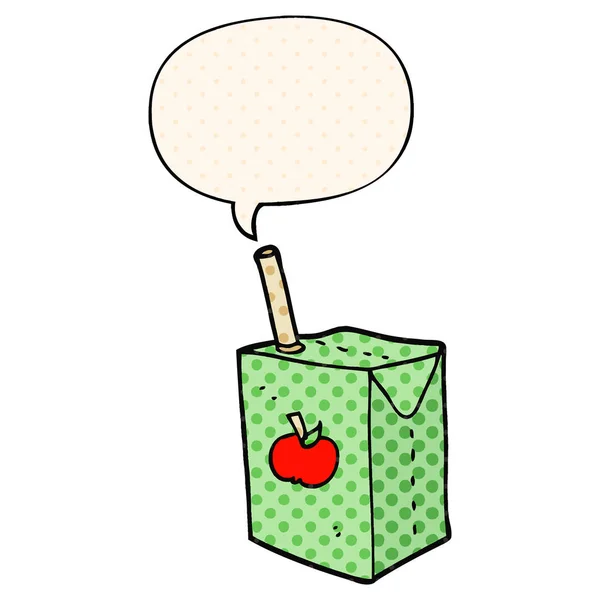 Caja de jugo de manzana de dibujos animados y burbuja del habla en estilo de cómic — Vector de stock