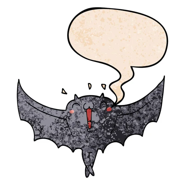 Retro doku sty karikatür mutlu vampir yarasa ve konuşma balonu — Stok Vektör