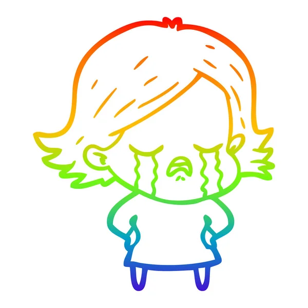 Rainbow gradient line drawing cartoon girl crying — Stock Vector