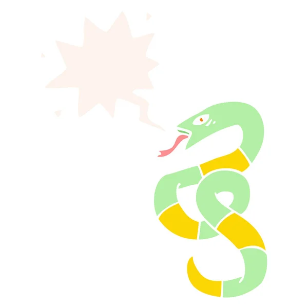 Siseando serpiente de dibujos animados y burbuja del habla en estilo retro — Vector de stock