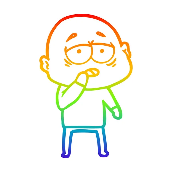 Regenboog gradiënt lijntekening cartoon moe kale man — Stockvector