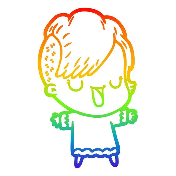 Regenbogen-Gradienten-Linie Zeichnung niedlichen Cartoon-Mädchen mit Hipster-hai — Stockvektor