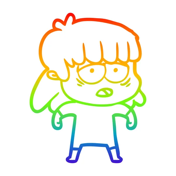 Rainbow gradient line drawing cartoon tired woman — Stock Vector