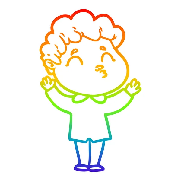 Rainbow gradient line drawing cartoon man shrugging — Stock Vector