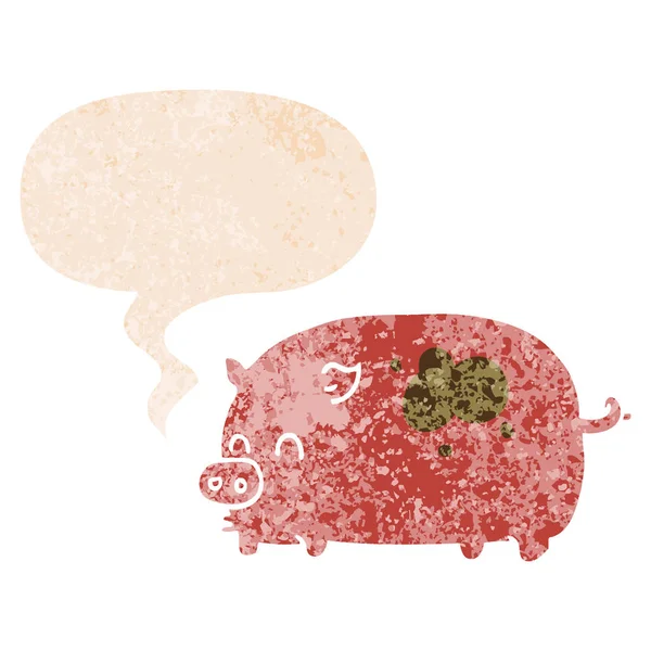 Słodkie świnia kreskówka i bańka mowy w stylu retro teksturowane — Wektor stockowy