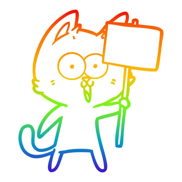 Arco iris gradiente línea dibujo divertido dibujos animados gato con signo — Vector de stock