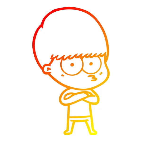 Warme kleurovergang lijntekening nerveuze cartoon jongen — Stockvector