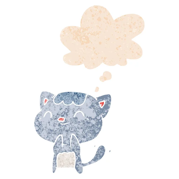 Desenho animado gato feliz e pensamento bolha no estilo retro texturizado — Vetor de Stock