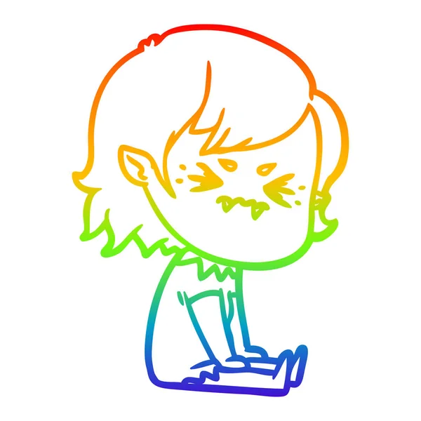 Rainbow gradient ligne dessin ennuyé dessin animé vampire fille — Image vectorielle
