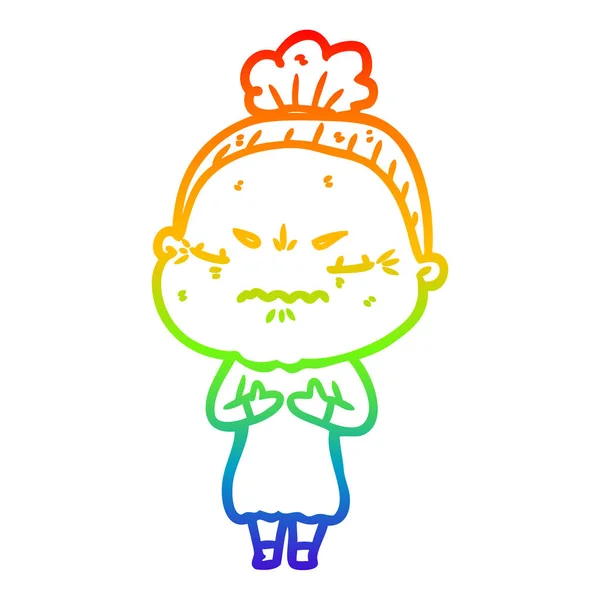 Regenboog gradiënt lijntekening cartoon geïrriteerde oude dame — Stockvector