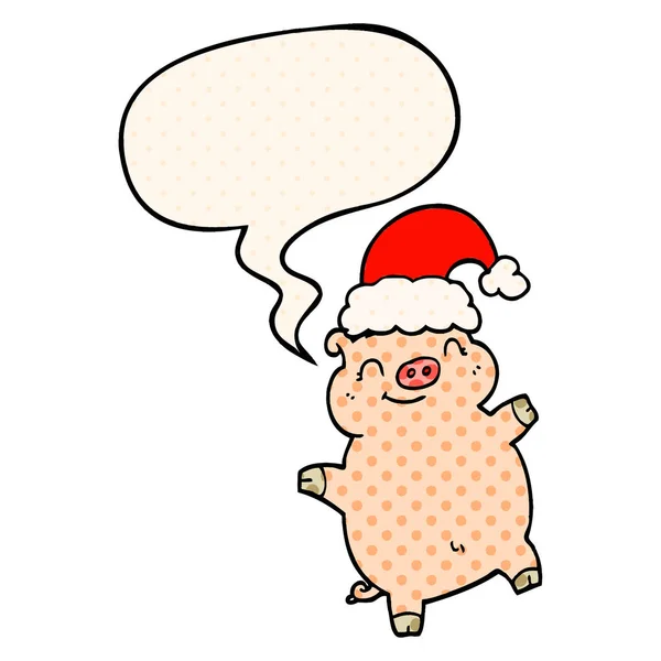 Мультфильм счастливого Рождества свиньи и речи пузырь в стиле комиксов — стоковый вектор