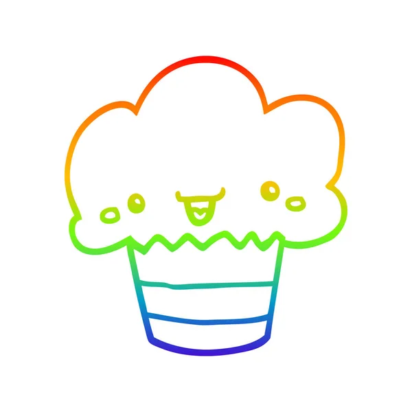 Rainbow gradient linje ritning tecknad cupcake med ansikte — Stock vektor