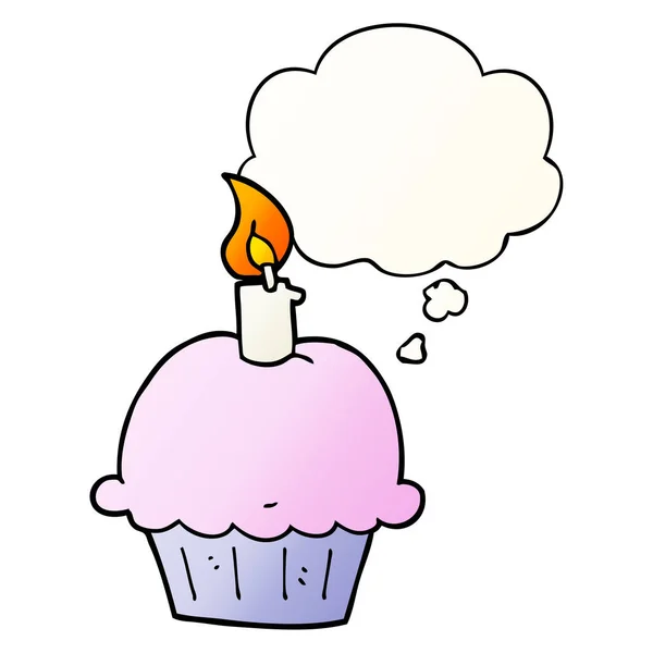 Cupcake cumpleaños de dibujos animados y burbuja de pensamiento en gradiente suave s — Vector de stock