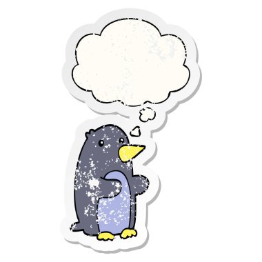 karikatür penguen ve sıkıntılı yıpranmış etiket olarak kabarcık düşünce