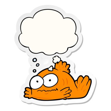 karikatür japon balığı ve baskılı bir etiket olarak kabarcık düşünce