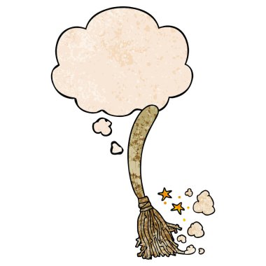 karikatür sihirli süpürge ve grunge doku desen düşünce balonu
