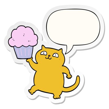 karikatür kedi ve cupcake ve konuşma kabarcık etiket