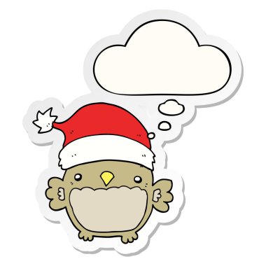 sevimli noel baykuş ve basılı bir etiket olarak kabarcık düşünce